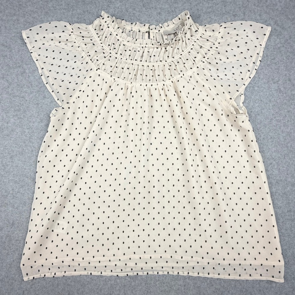 LOFT Petites Polka Dot Smocked Ruffle Neck Flutter Sleeve Blouse Cream Black SP